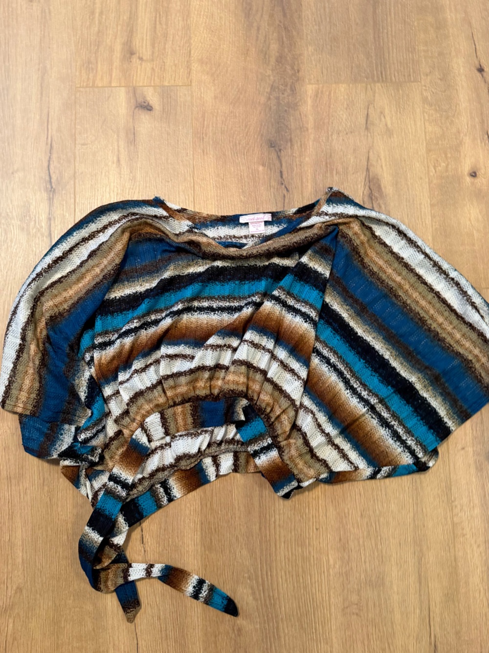 Wet Seal Off-Shoulder Striped Tie-Waist Sweater in Teal, Brown & Cream
